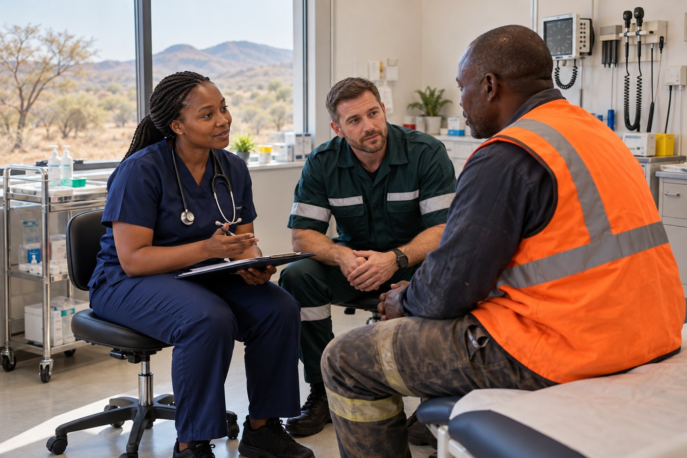 Healthcare professionals listening to a worker in a clinic