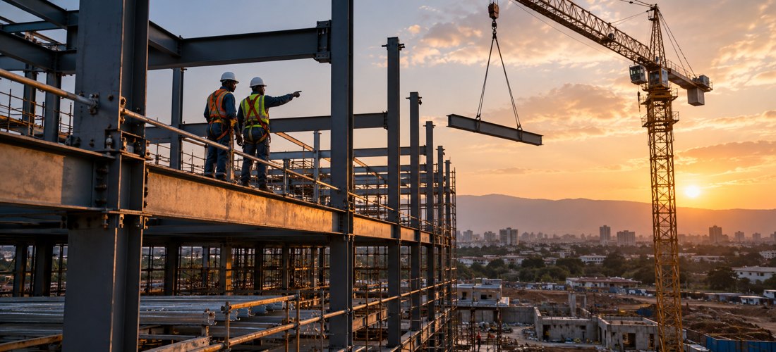 workers on a steel construction project