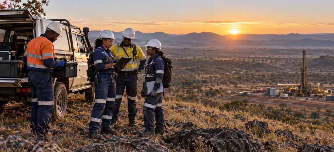 field team supporting operations in a remote African landscape