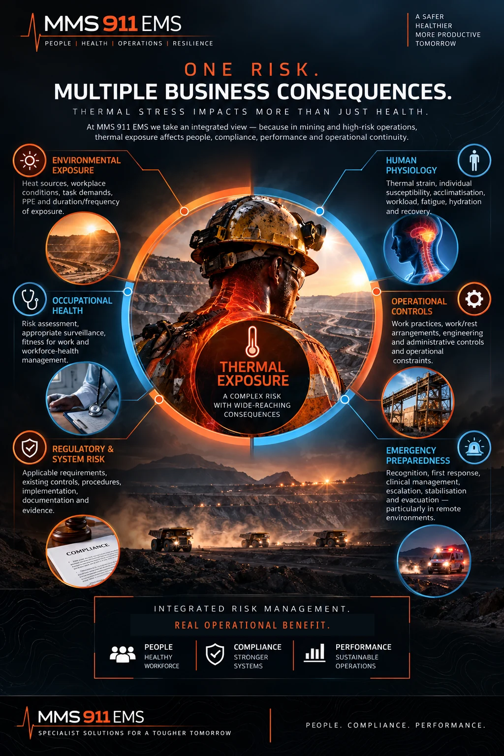 MMS 911 EMS thermal exposure infographic showing interconnected environmental, physiological, occupational health, operational, emergency and regulatory risks
